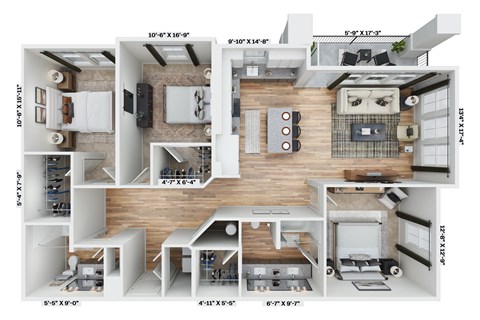a 3d floor plan of a living room and a dining room